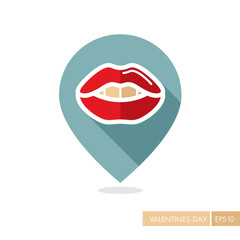 Woman lips pin map icon. Female mouth with teeth