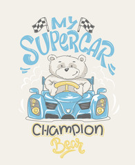 Cool bear driving a car cartoon vector illustration racer t-shirt print.