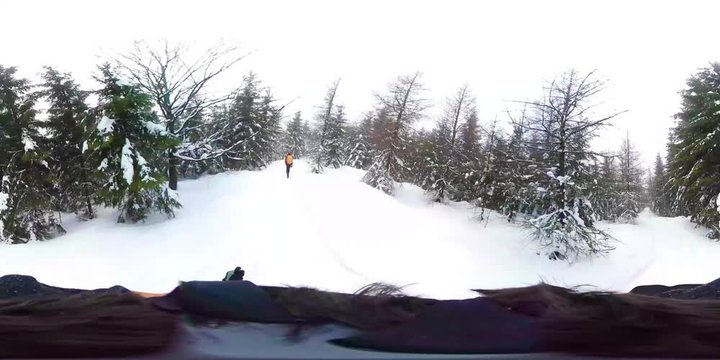 Hikers Walking in Deep winter forest - 360 Virtual Reality First Person View
