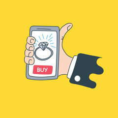 Hand holds the phone with the intention of buying a ring. Set of vector illustrations. Modern concept for web banners, web sites, infographics.