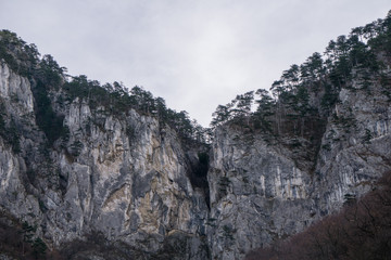 Pine covered cliffs in the Cerna Mountains above the resort of Baile Herculane