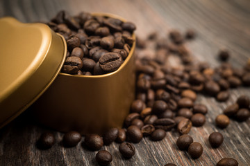 coffe beans on the table heart shaped box