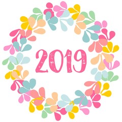 Pastel laurel vector wreath New Year 2019 frame isolated on white background