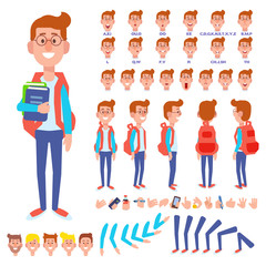 Front, side, back view animated character. Male Student character creation set with various views, hairstyles, face emotions, poses and gestures. Cartoon style, flat vector illustration.