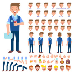 Vector manager character for your scenes. Character creation set with various views, hairstyles, face emotions, lip sync, poses and gestures. Parts of body template for animation and design.