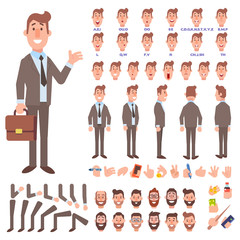  Front, side, back view animated character. Business man character creation set with various views, hairstyles, face emotions, poses and gestures. Cartoon style, flat vector illustration.