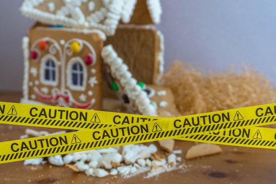 Ruined Gingerbread House Behind A Police Tape. Ruined Walls, Mortgage, Credit, Bankruptcy.