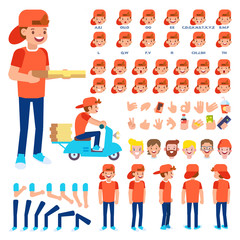 Front, side, back view animated character. Pizza delivery man character creation set with various views, hairstyles, face emotions, poses and gestures. Cartoon style, flat vector illustration. 
