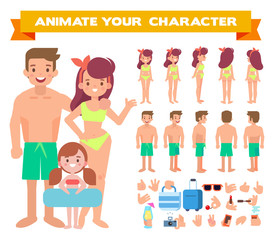 Happy family together on the beach. Front, side, back view animated character. Vacation  flat vector illustration.