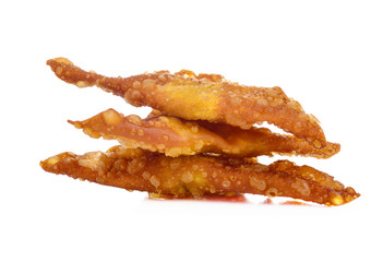 Deep fried dumplings on white background