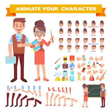 Female and male teachers creation set. Front, side, back, 3/4 view animated character. Separate parts of body. Constructor with various views, lip sync and gestures. Cartoon style, flat vector illustr