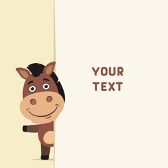 Funny horse looks out over the fields to text. Template with horse for cards, invitations or greetings