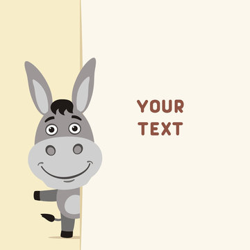 Funny donkey looks out over the fields to text. Template with donkey for cards, invitations or greetings