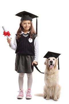 Schoolgirl With A Diploma And A Graduation Hat With A Labrador Retriever Dog