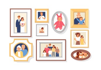 Collection of photos of family members or relatives and events in frames. Bundle of framed wall pictures or photographs with smiling people depicted on them. Colorful cartoon vector illustration.