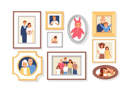 Collection of photos of family members or relatives and events in frames. Bundle of framed wall pictures or photographs with smiling people depicted on them. Colorful cartoon vector illustration.