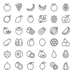 Cute fruit outline icon set, such as orange, kiwi, coconut, banana, papaya, peach, tropical fruits