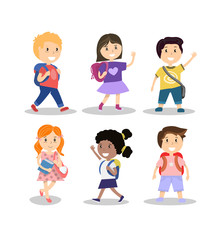 Set of cute smiling school children with backpacks, vector illustration