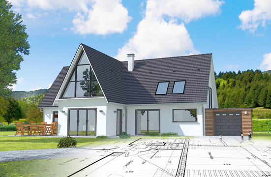 Esquisse et plan d'une maison individuelle moderne
