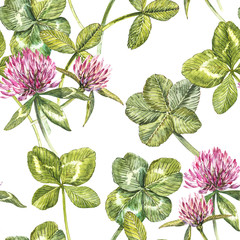 Clover leaf and flowers hand drawn seamless pattern watercolor illustration. Happy Saint Patricks Day.