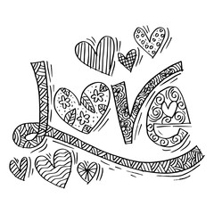 Love hand lettering with hearts shape.