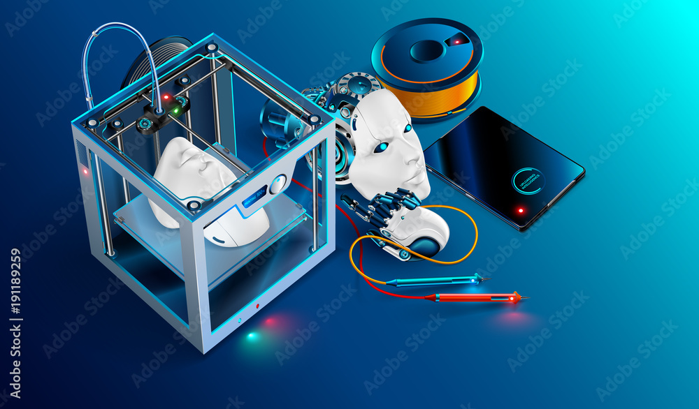 Poster 3d printing workshop. 3d printer printed robot head. robot parts manufacturing with additive technol