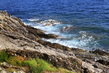 Genoa, Liguria Shore / Italy: Nervi shore district of Genoa - Passeggiata Anita Garibaldi panoramic passage, view on the rocky shoreline and Liguria Sea