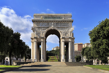 Fototapeta na wymiar Genoa, Liguria / Italy - 2012/07/06: Arch of the Victory on the Victory Square