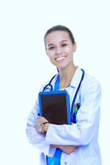 Beautiful young female with tablet computer. Woman doctors