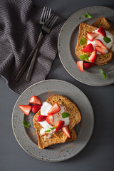 french toasts with yogurt and strawberries for breakfast