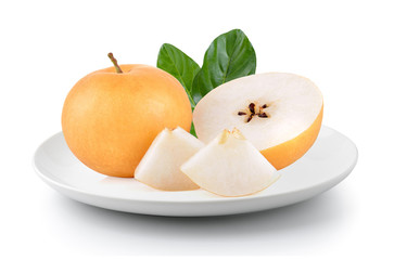 Naklejka na ściany i meble pear fruit in plate isolated on a white background