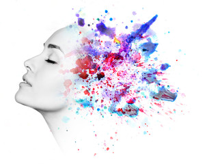 Double exposure of woman and watercolor paint © Dmitrii Kotin