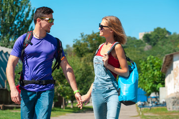 Fototapeta premium cheerful love couple walking hike