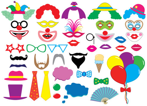 Photo booth props. Clowns. Holiday set. Vector