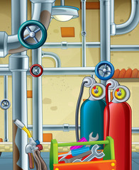 cartoon scene of the basement with tools - illustration for children
