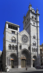 Fototapeta na wymiar Genoa, Liguria / Italy - 2012/07/06: daylight view of Genoa cathedral church - Cathedral of Saint Lawrence