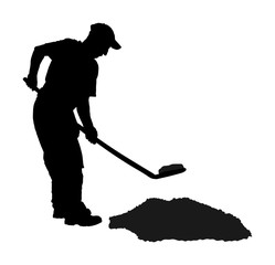 Man with shovel digging snow or garden vector silhouette isolated on white background. 
 Farming, gardening, agriculture and people concept. Construction worker digging sand or ground. Spade mining.