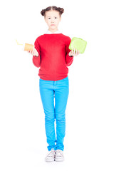 Portrait of cute Asian school girl holding lunch box and paper cup with soft drink isolated on white