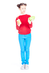 Portrait of cute Asian school girl holding lunch box and paper cup with soft drink isolated on white