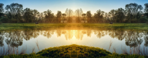 spring morning. a misty dawn by the river. picturesque reflection