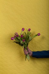 Blumengruß mit Hand vor gelbem Hintergrund