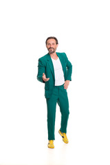 handsome man in green suit. Isolated on white background.