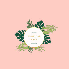 Monstera Palm Tropical Leaves Fashion Sign, Emblem, Card or Logo Template. Abstract Green Foliage with Round Banner, Golden Gradient Border and Classy Typography. Pink Pastel Colors. © createvil
