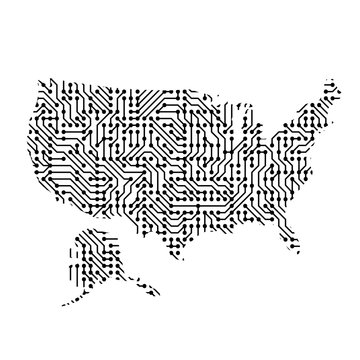 Abstract schematic map of United States of America from the black printed board, chip and radio component of vector illustration
