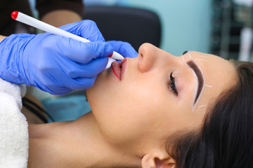 Fototapeta na wymiar Cosmetologist making permanent makeup on woman's face