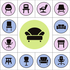 Chair and sofa isolated flat vector set