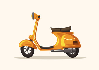 Yellow scooter. Retro bike. Vector cartoon illustration. Food service