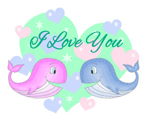 Cute cartoon whales with heart, I love you, vector illustration
