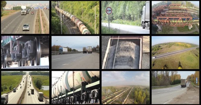 The industry of cargo transportation. Montage split screen 4K. Road, rail, coal, cargo, petrol and oil tanks. Aerial View. 