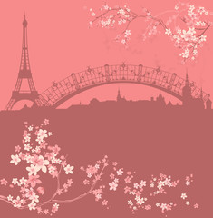 spring Paris vector background - eiffel tower and city skyline among blooming flowers